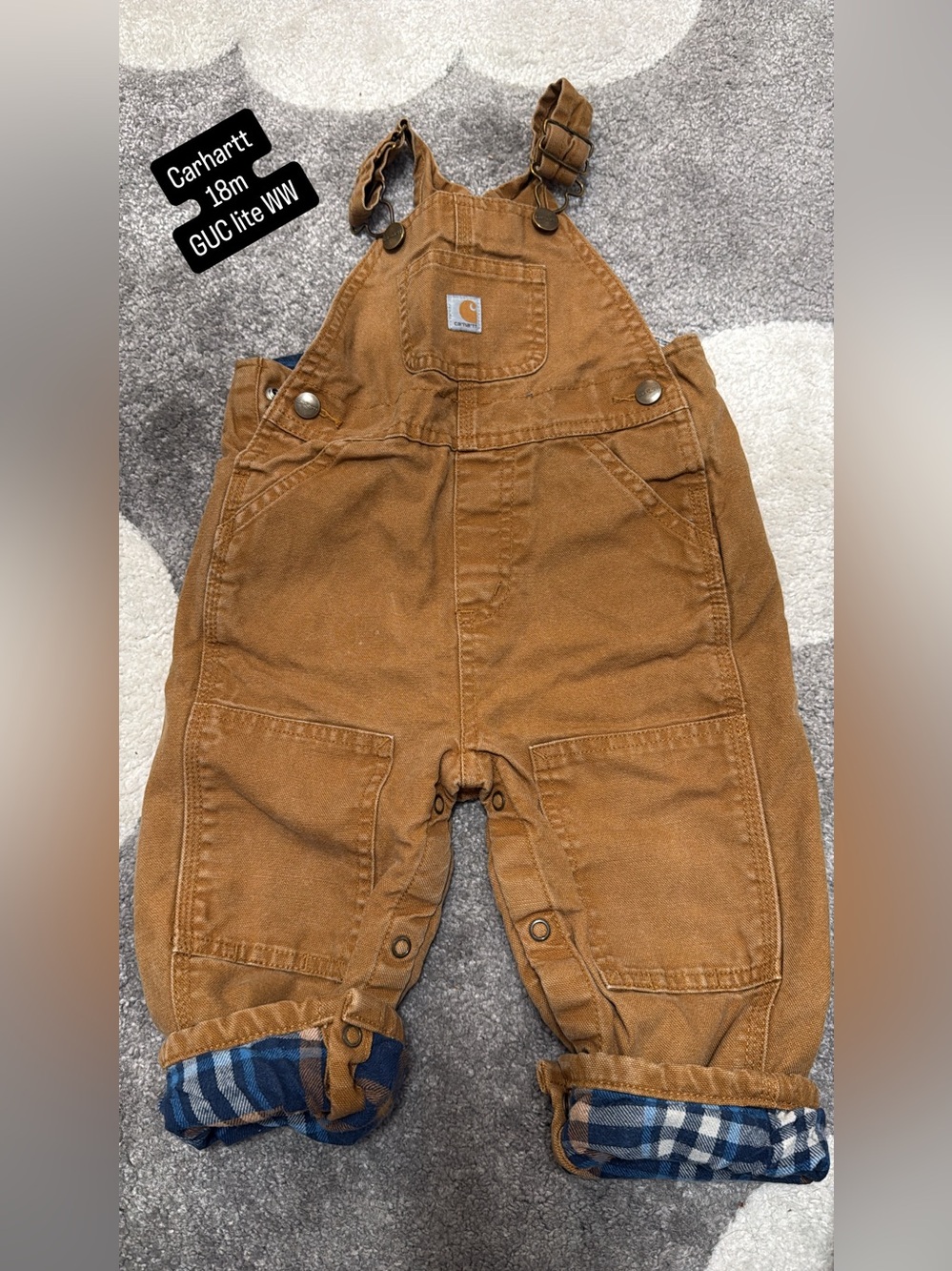 Carhartt Brown Toddler Duck Canvas Overalls Plaid Lined